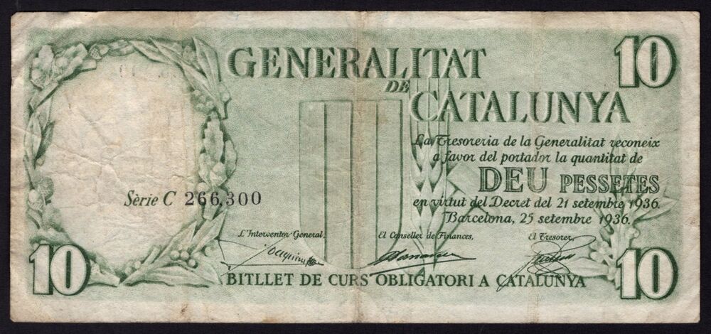 Spain - Catalunya, 10 Pessetes 1936 - Pick # NL - Fine