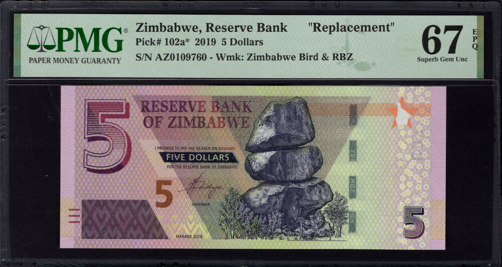 Zimbabwe - 5 Dollars 2019 - Pick # 102a* - PMG 67 EPQ