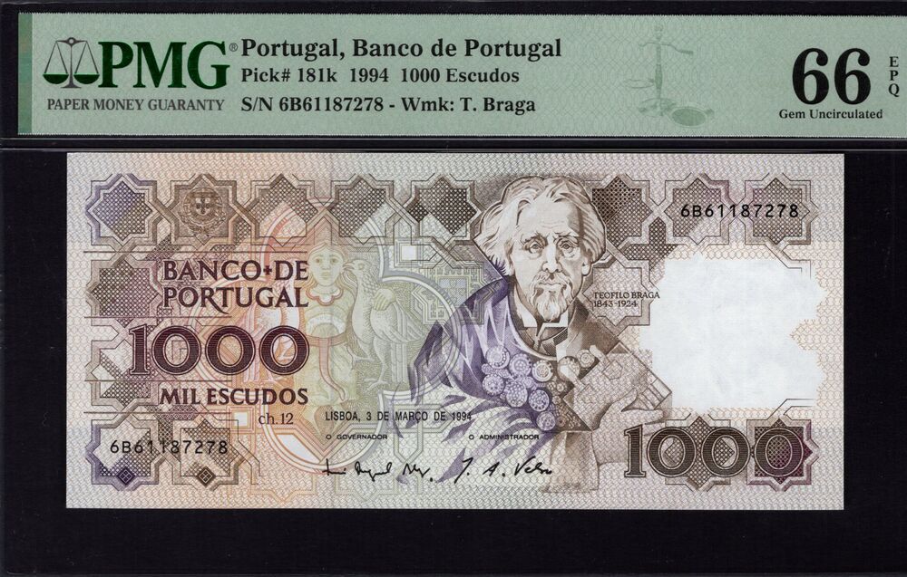 Portugal - 1000 Escudos 1994 - Pick # 181k - PMG 66 EPQ