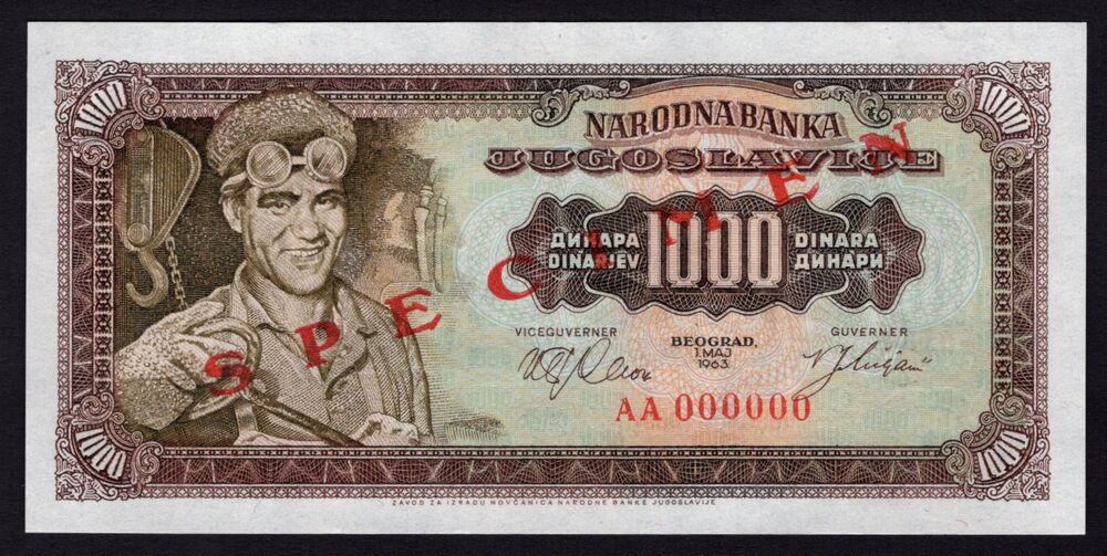 Yugoslavia - 1000 Dinara 1963 - Pick # 75s - Specimen - UNC