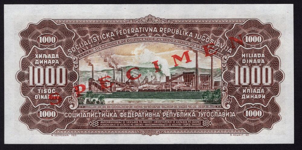 Yugoslavia - 1000 Dinara 1963 - Pick # 75s - Specimen - UNC
