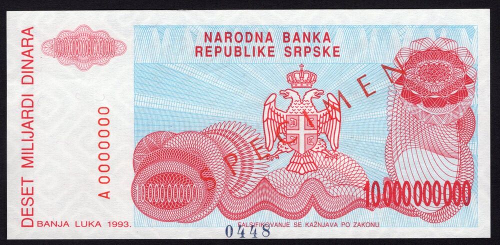 Bosnia - 10.000.000.000 Dinara 1993 - Pick # 159s - Specimen - AU