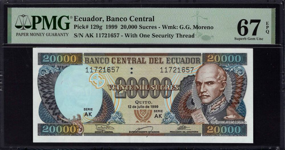Ecuador - 20.000 Sucres 1999 - Pick # 129g - PMG 67 EPQ