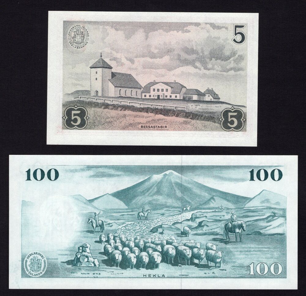 Iceland - 5 & 100 Kronur 1957/61 - Pick # 37, 40 - UNC