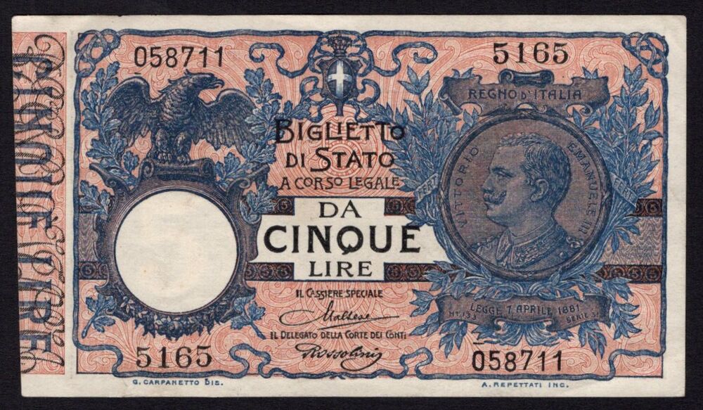 Italy - 5 Lire 1904 - Pick # 23 - aXF