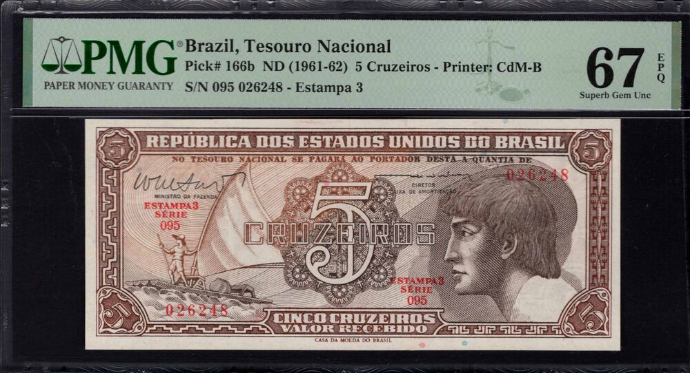 Brazil - 5 Cruzeiros 1961 - Pick # 166b - PMG 67 EPQ