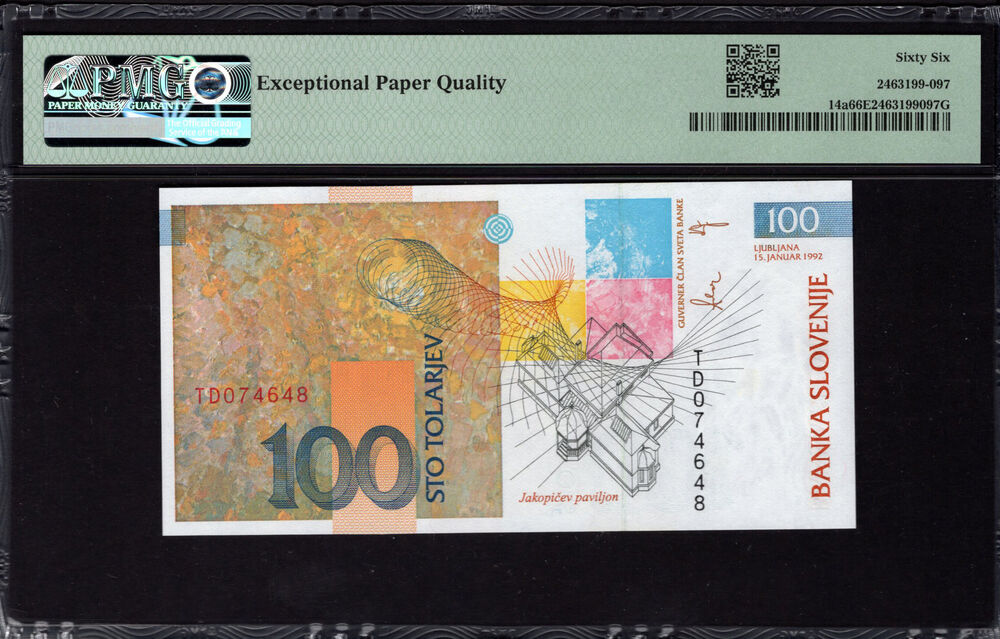 Slovenia - 100 Tolarjev 1992 - Pick # 14a - PMG 66 EPQ