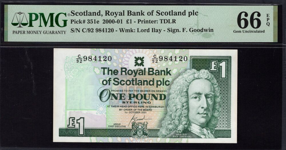 Scotland - 1 Pound 2000 - Pick # 351e - PMG 66 EPQ