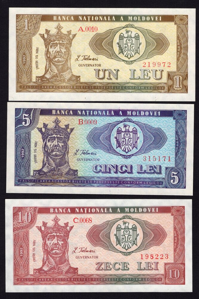 Moldova - 1, 5 & 10 Lei 1992 - Pick # 5 , 6, 7 - UNC