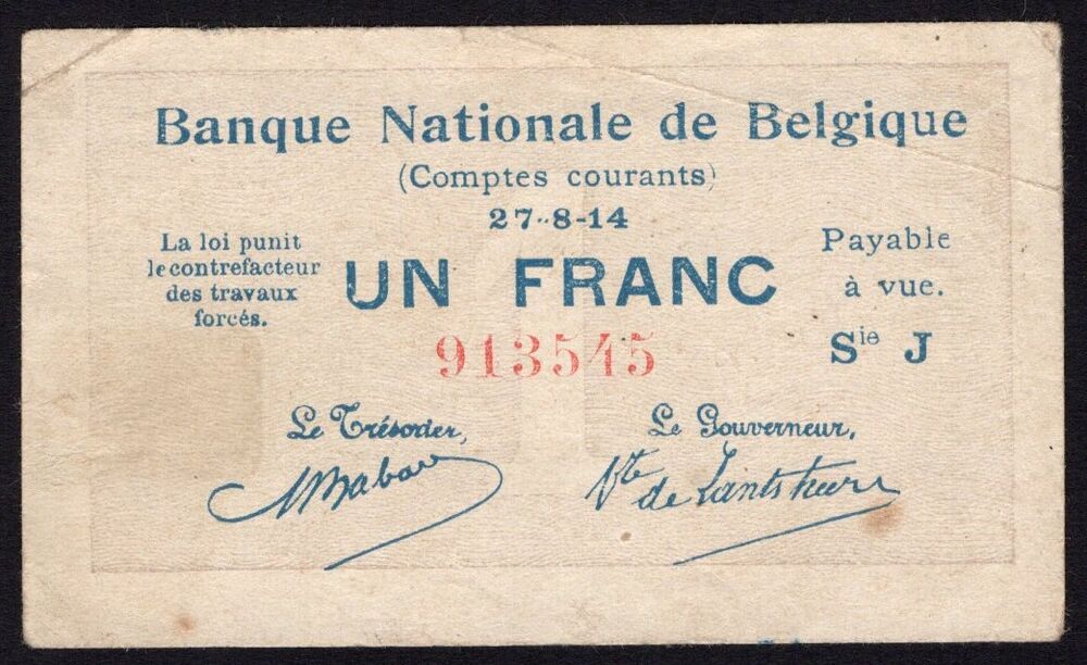 Belgium - 1 Franc 1914 - Pick # 81 - Fine