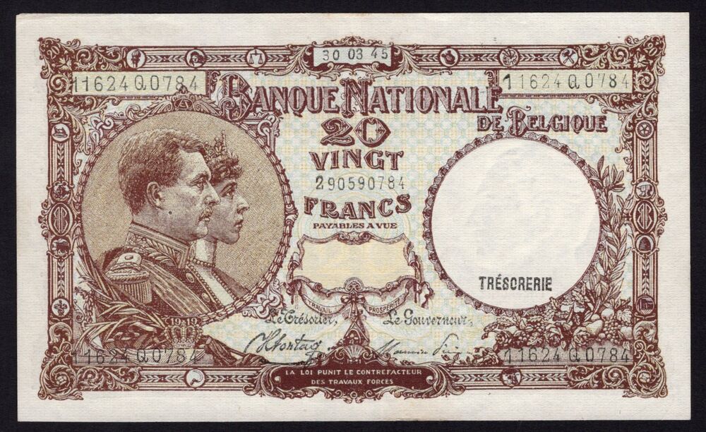Belgium - 20 Francs 1945 - Pick # 111 - XF