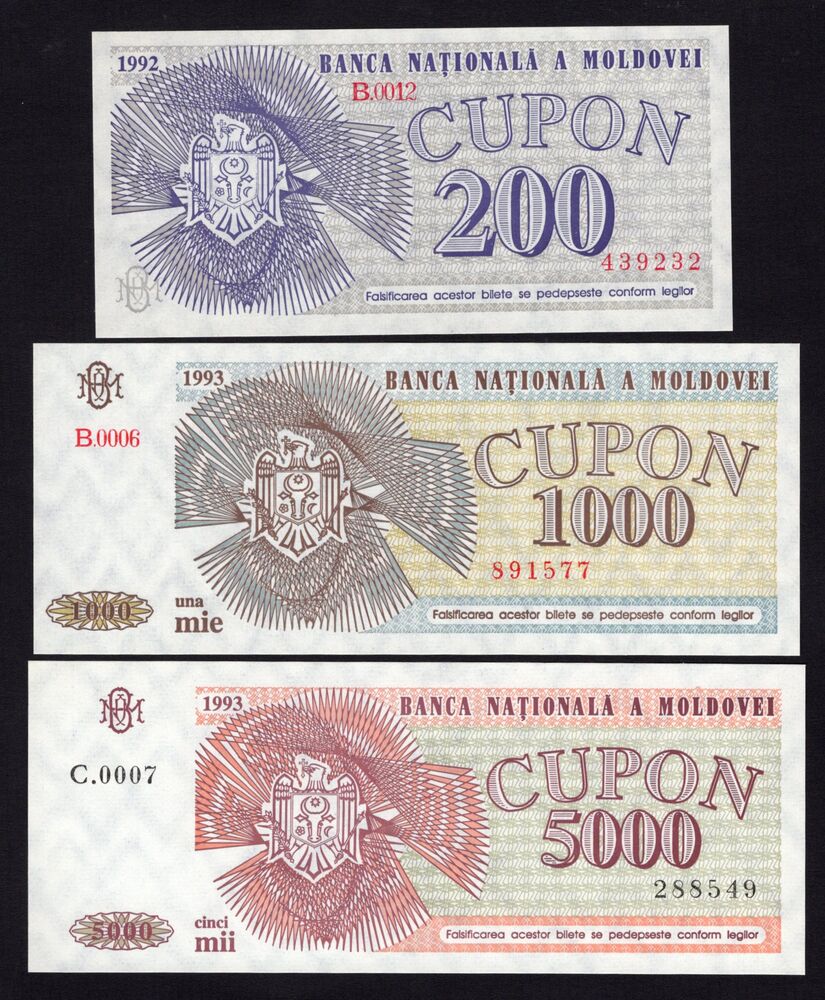 Moldova - 200, 1000 & 5000 Cupon 1992/93 - Pick # 2, 3, 4 - UNC