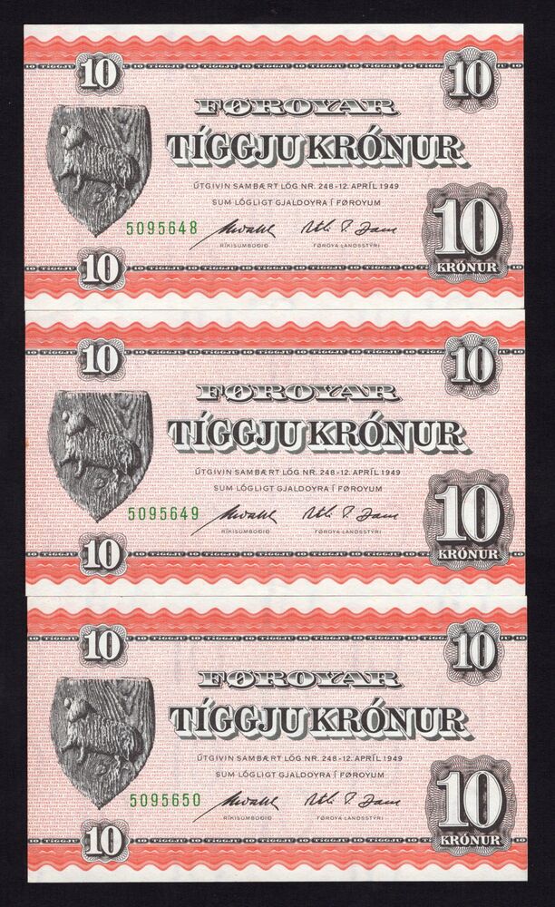 Faeroe Islands - 3 x 10 Kronur 1954 - Pick # 15d - Consecutive - UNC-