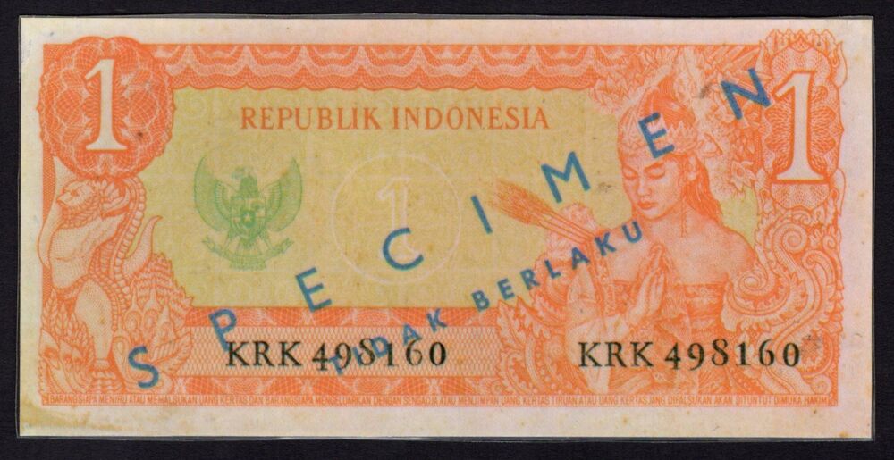 Indonesia - 1 Rupiah 1961 - Pick # R6s - Specimen - AU Laminated