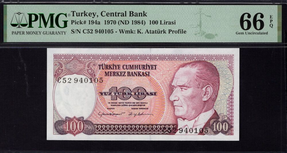 Turkey - 100 Lirasi 1970 - Pick # 194a - PMG 66 EPQ