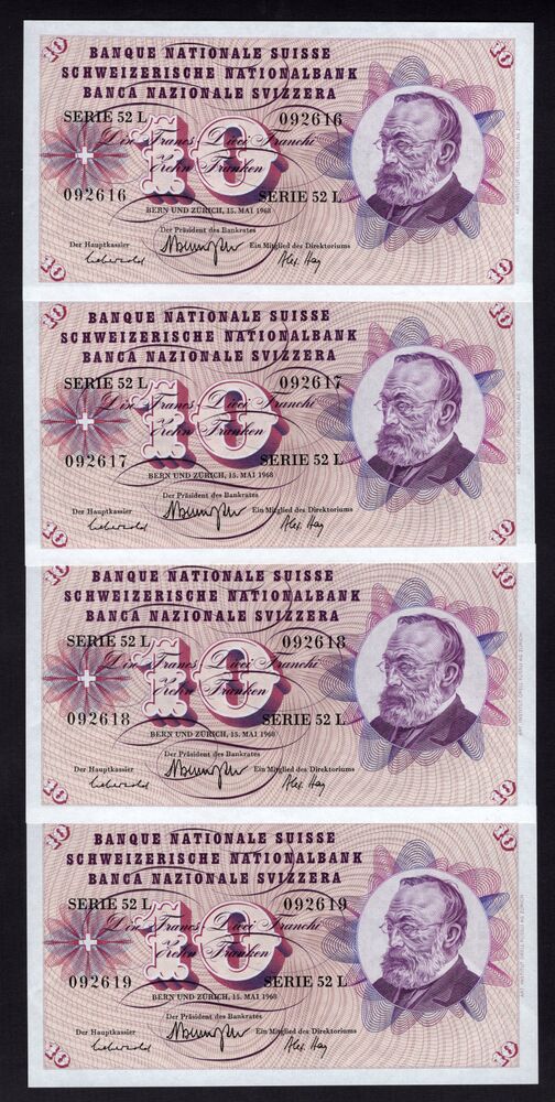 Switzerland - 4 x 10 Francs 1968 - Pick # 45n - Consecutive - AU/UNC