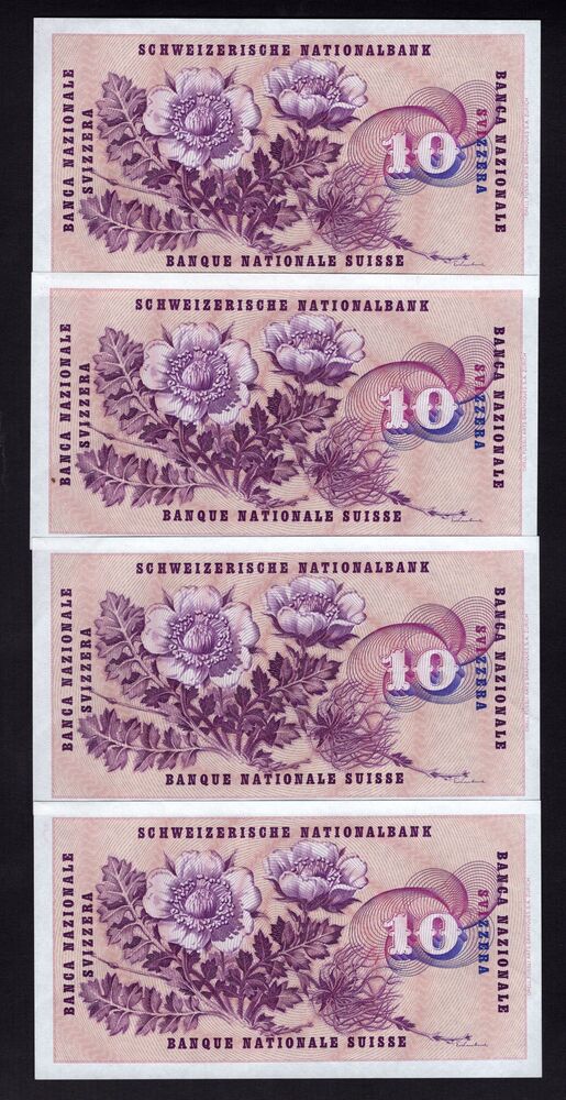 Switzerland - 4 x 10 Francs 1968 - Pick # 45n - Consecutive - AU/UNC