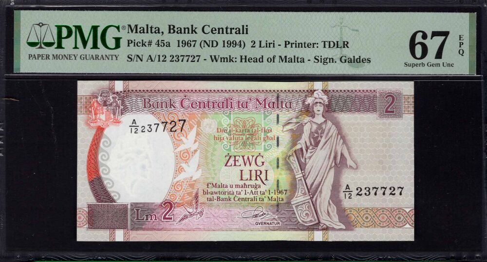 Malta - 2 Liri 1967 - Pick # 45a - PMG 67 EPQ